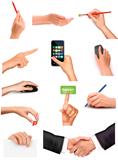 Collection of hands holding different business objects  Vector illustration
