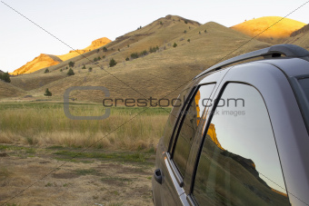 Reflection of Oregon High Desert on Car Windows