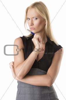 blonde business woman with serious expression