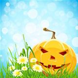 Halloween Background with Flowers and Pumpkin