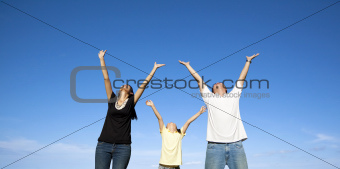 happy asian family with blue sky