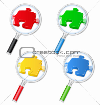 Magnifying glasses with puzzle pieces
