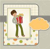 greeting card with boy and big gift box