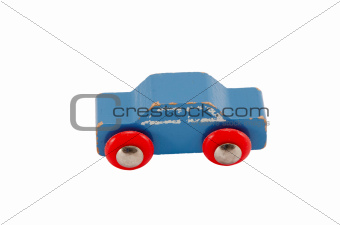 Wooden blue vintage toy car isolated on white 