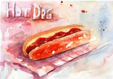 Watercolor illustration of hot dog