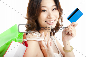 happy  woman with shopping bag and credit card