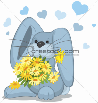 Blue rabbit  with daisy flowers vector illustration on white.