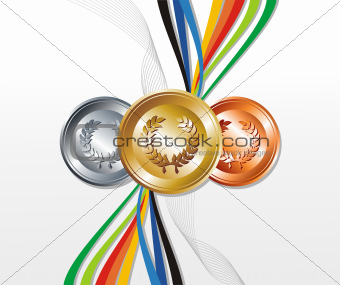 Gold, silver and bronze medal with ribbons background