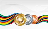 Gold, silver and bronze medals with ribbons background