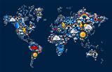 Weather icons set on map world shape