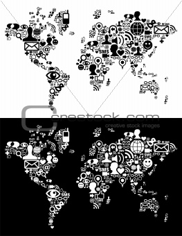Social media network icons in World map figure