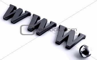 Dark metallic letters www and the globe on a white background