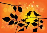 Love Birds on a Tree with Sunset in background - Vector Illustra