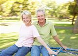 Senior Couple Riding On Roundabout In Park