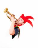 jester - entertaining figure in typical costume blowing trumpet