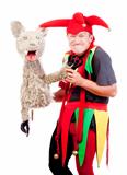 jester - entertaining figure in typical costume with puppet