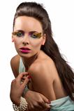 pretty brunette with feathered makeup with naked shoulder