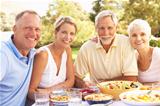 Adult Son And Daughter Enjoying Meal In Garden With Senior Parents