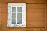 Aged house painted window with  curtains