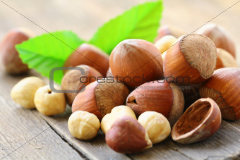 hazelnuts on a wooden table