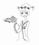 beautiful Asian girl enjoy sushi - doodle illustration