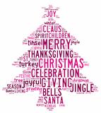 Christmas tree word clouds in white background with pink words