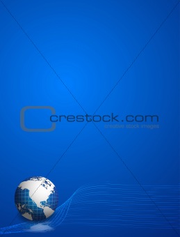 Blue vector globe on waves background
