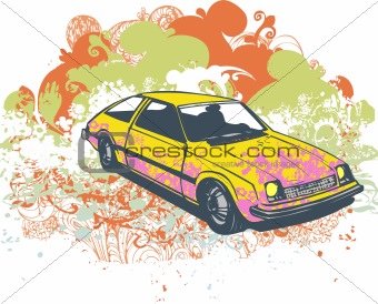 Grunge pink retro car illustration
