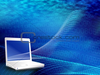 Lap top on internet waves vector background in blue