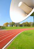 Outdoor racetrack for runners, with close-up of the speaker
