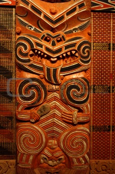 Wood carving in Maori Meeting House