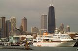 Chicago Skyline with cruise ship at Navy Pier