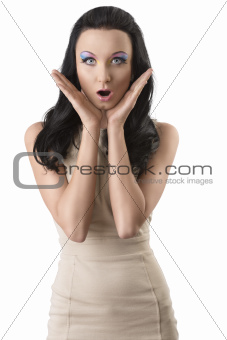 pretty brunette with short dress with expression of surprise