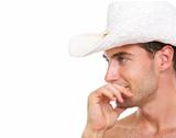 Profile portrait of young man in beach hat looking on copy space
