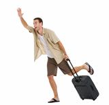 Worried tourist with wheels bag hurry to airplane