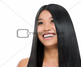 Beauty portrait of smiling asian girl healthy long straight hair isolated on white