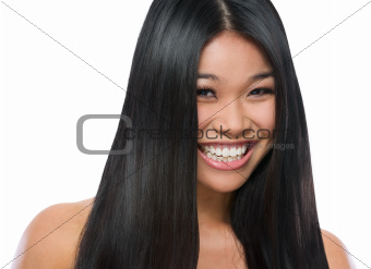 Beauty portrait of smiling asian girl smooth long straight hair isolated on white