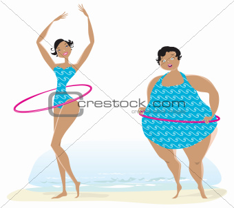 Slim and big girls exercising