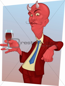 red mustachioed demon with a glass of wine