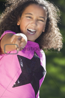 Mixed Race African American Girl Smiling & Pointing