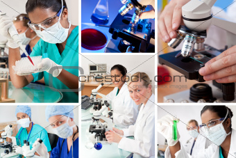 Female Research Laboratory Scientists with Microscopes