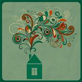vector ecology concept with small house and floral smoke
