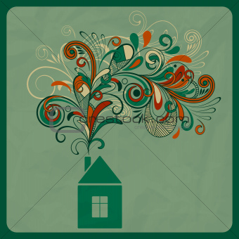 vector ecology concept with small house and floral smoke