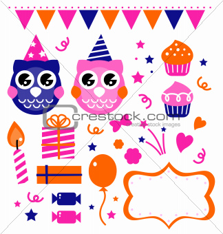 Owl birthday party design elements