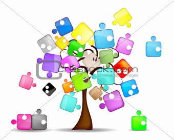 Abstract background with tree and colorful puzzle