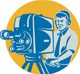 Film  Crew TV Cameraman With Movie Camera Retro