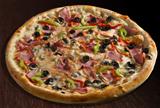 Pizza  capricciosa with ham, red and green bell pepper and olives - isolated