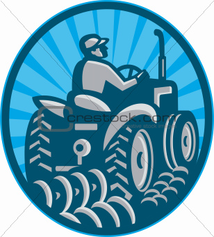 Farmer Plowing With Tractor Retro