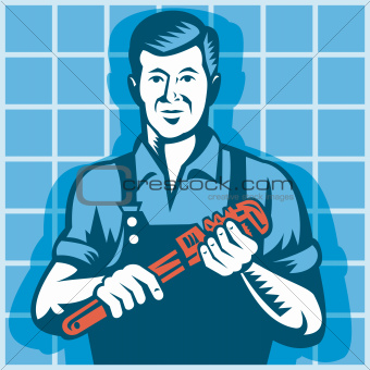 Plumber Worker With Monkey Wrench Retro