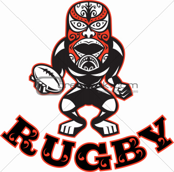 Maori Mask Rugby Player standing With Ball